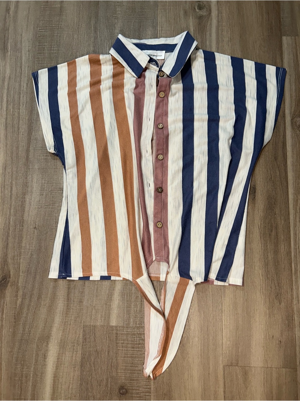 Striped Tie-Front Button-Up Shirt - Navy, Rust & White